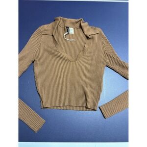 H&M Divided Brown Ribbed Knit V-Neck Collared Long Sleeve Cropped Sweater Size M